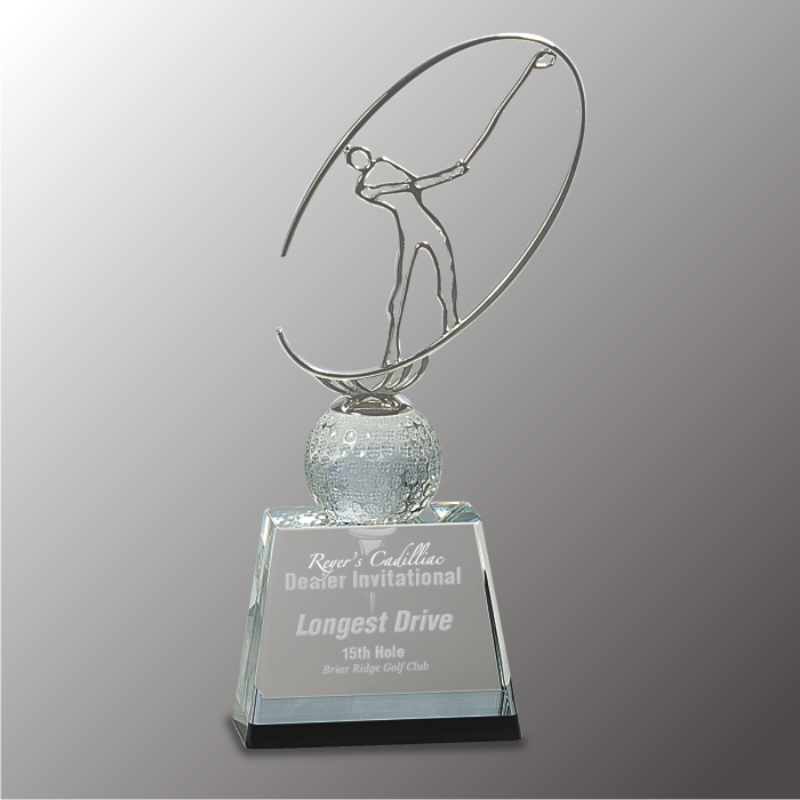 Crystal Golf Trophies With Metal Figure Awards ( Small ) |  Custom Golf Trophies | Golf Awards |  Glass Golf Trophies