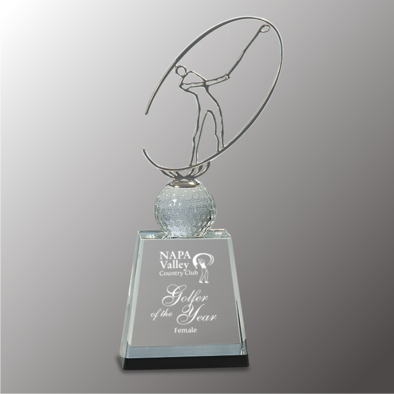 Golf Crystal with Metal Figure Award (Large) |  Custom Golf awards | Golf Trophies |  Glass Golf Trophies