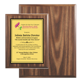 7×9 economic walnut plaque with full color brushed gold plate