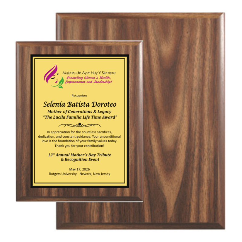 7×9 economic walnut plaque with full color brushed gold plate