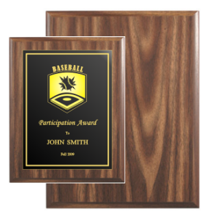 7×9 economic walnut plaque with custom black and gold engraved plate – recognition award