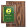 7×9 economic walnut plaque with custom green and gold engraved plate – recognition award